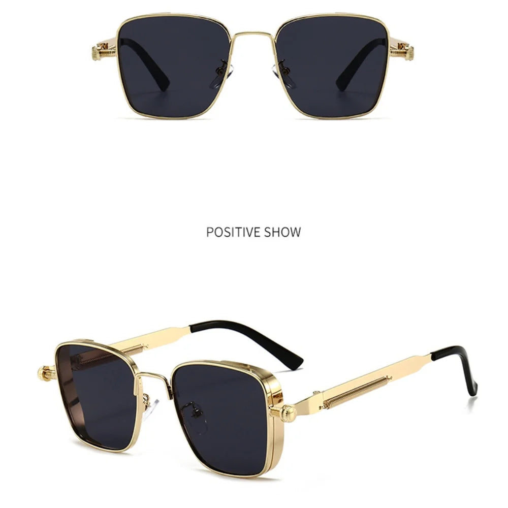 New Vintage Steampunk Square Metal Frame Sunglasses with Spring Hinges Retro Fashion Men Women Classic Driving Sun Glasses UV400