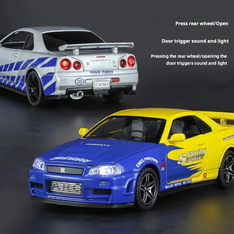 1/32 Nissan GTR34 Skyline GTR Toy Car Model Diecast Racing Miniature Model Sound & Light Pull Back Collection Gift Children Boy