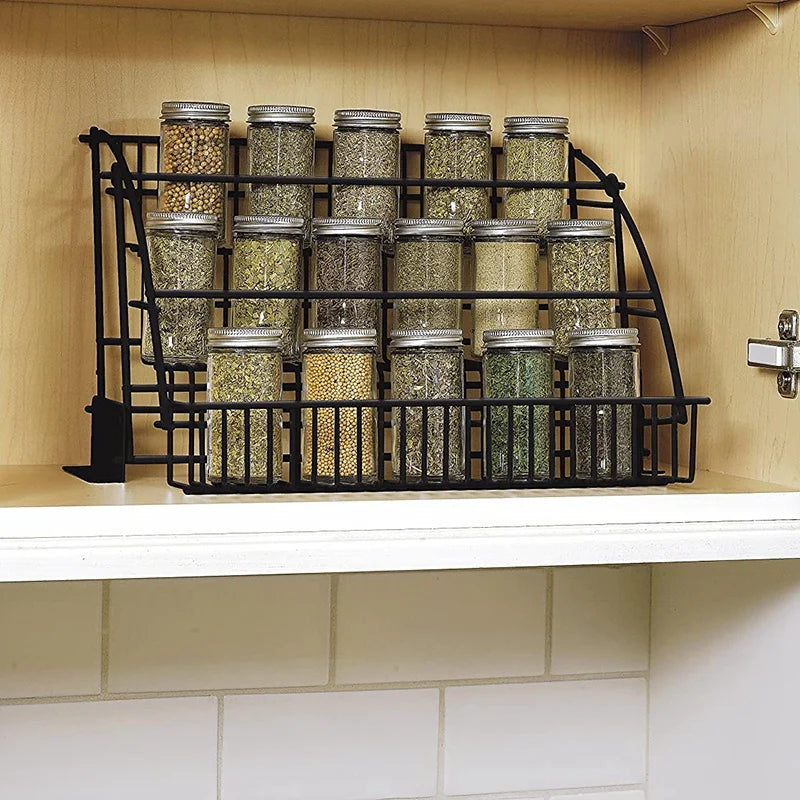 Metal 3-Tier Pull Down Spice Rack - Easy Reach Retractable Large Capacity Kitchen Storage Shelf Organizer for Cabinet AT99C