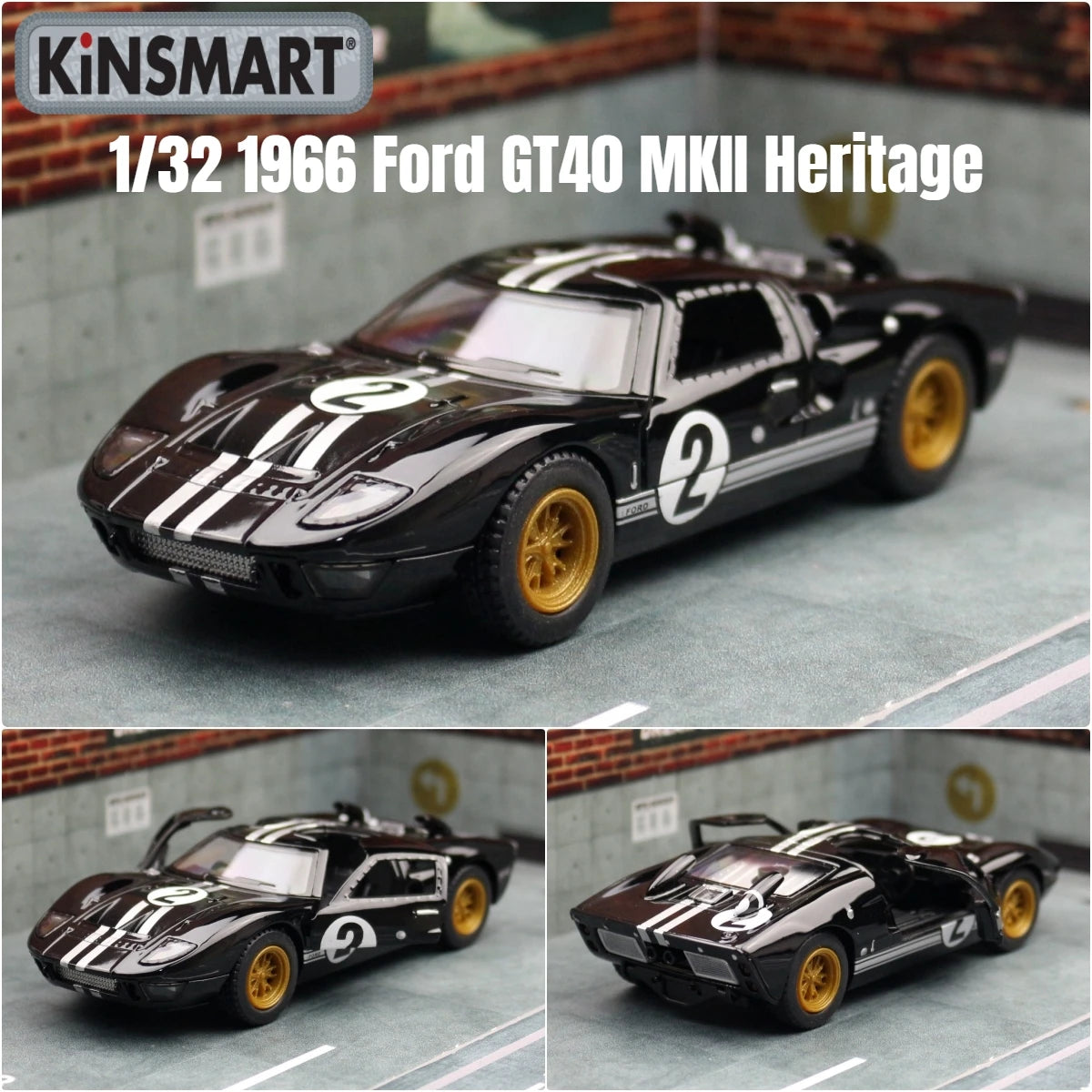 KiNSMART Toy Car Model 1/32 1966 Ford GT40 MKII Racing Rally Alloy Diecast Miniature Vehicle Collection Gift For Children Boy