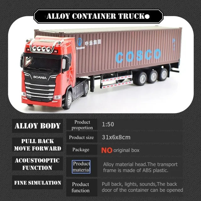 1:50 Simulation Alloy Diecast Large Truck Head Model Container Toy Pull Back Sound Light Engineering Transport Vehicle For Kids