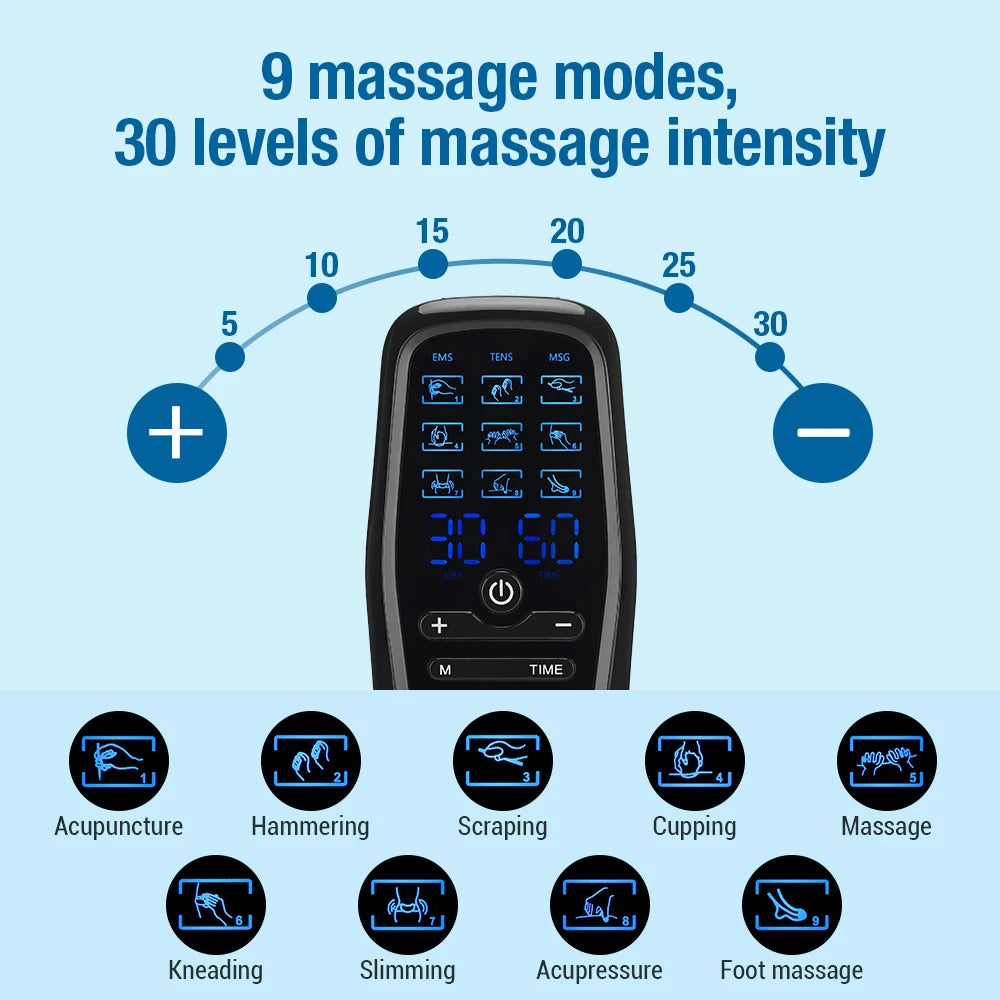 Electric Muscle Stimulator 9 Modes 30 Gears Dual Pulse Dual Output Physiotherapy Instrument Portable Digital Meridian Massager