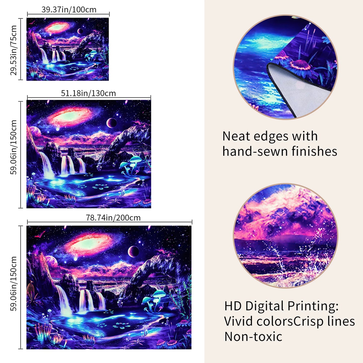 Neon Blacklight Tapestry Fantasy Mountain Waterfall Tapestries,Galaxy UV Reactive Backdrop for Artful Wall Hanging & Home Décor