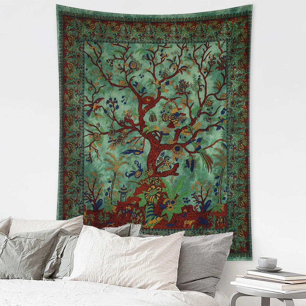 Retro Flower and Bird Tree Tapestry Wall Hanging Abstract Art Mysterious Witchcraft Hippie Dormitory Living Room Home Decor