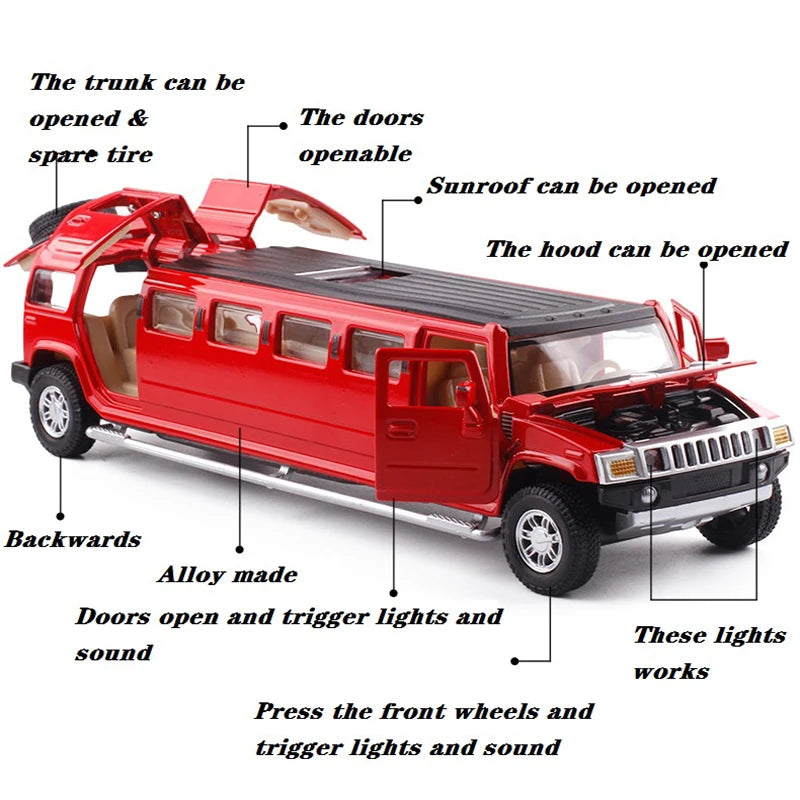 1:32 Alloy Lengthen Hummer Limousine Car Model Metal Diecasts Vehicles With Sound Light Pull Back Car Collection Toys Kids Gifts