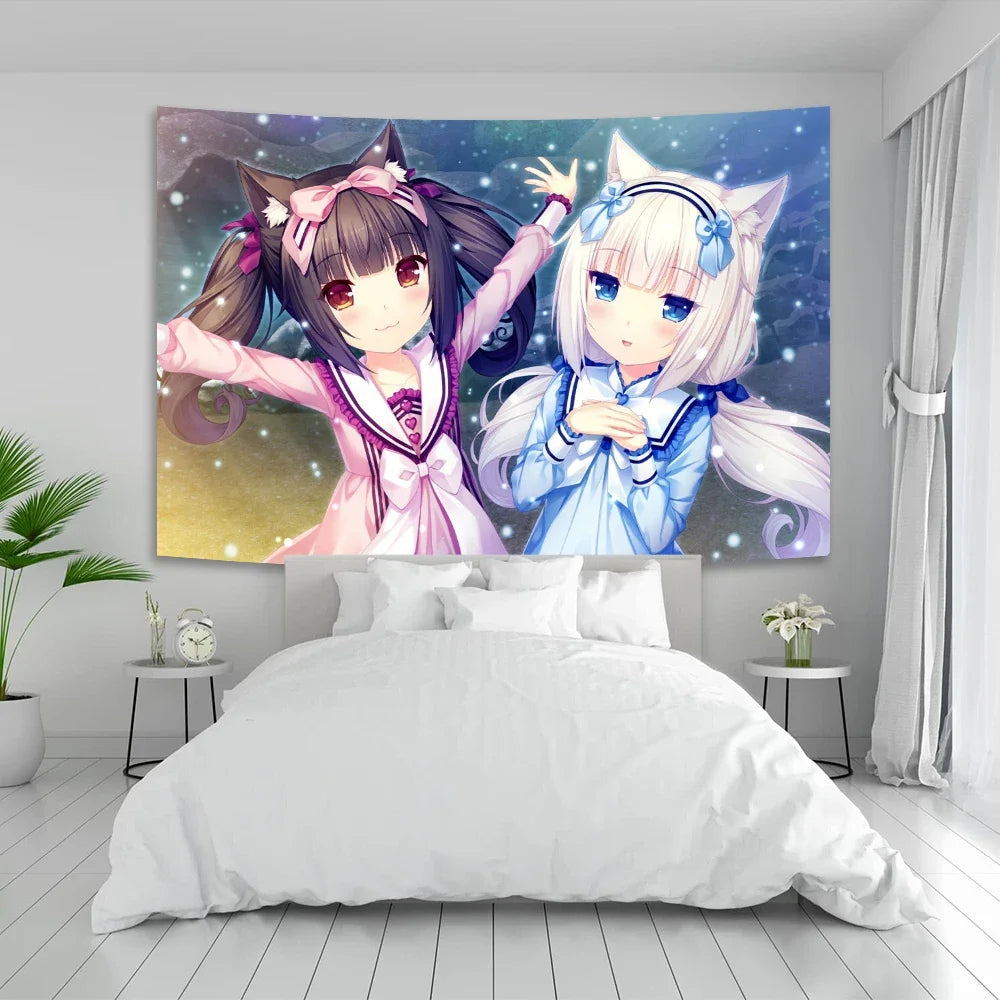 Anime Nekoparas Wall Tapestry Kawaii Background Cloth Wall Decoration Psychedelic Girls' Dormitory Pink Room Banner