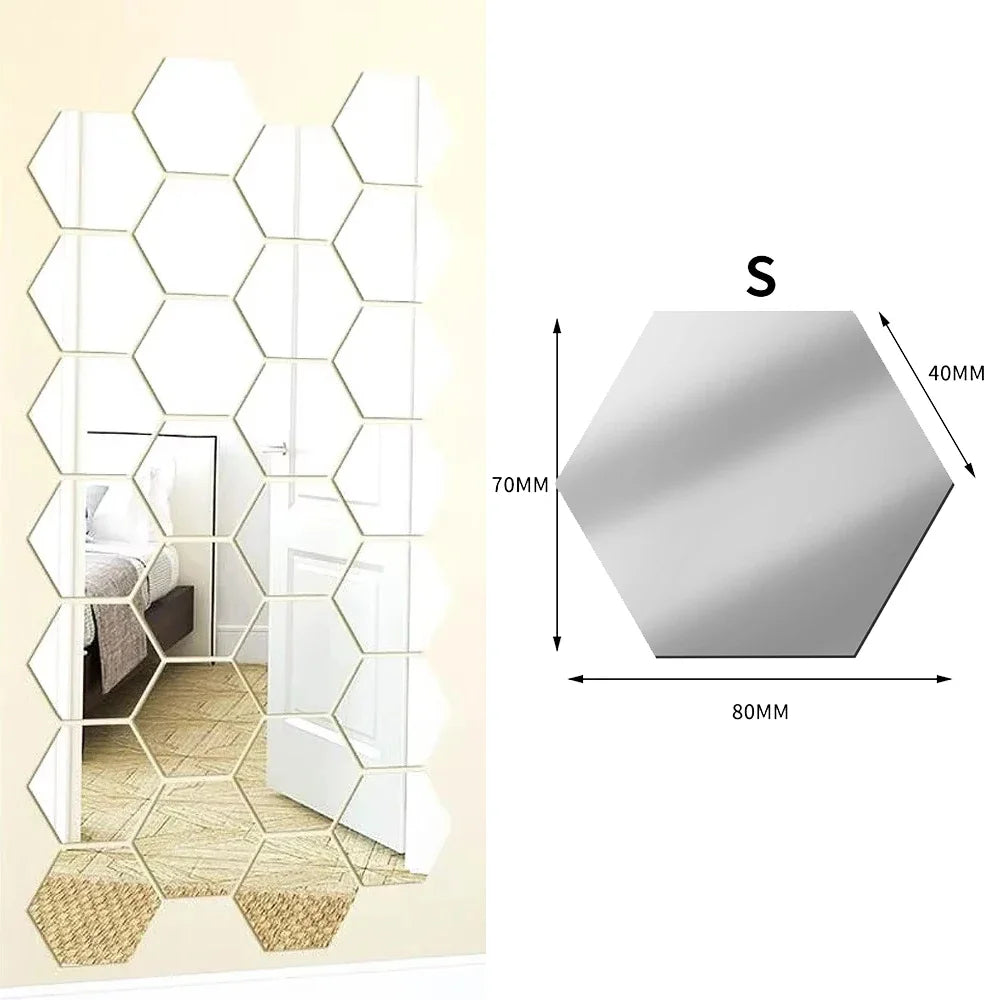 6/48Pcs Hexagonal Acrylic Mirror Wall Stickers Mirror Solid Paster Self-adhesive Gold Silver Decals Home Bedroom Art Decoration