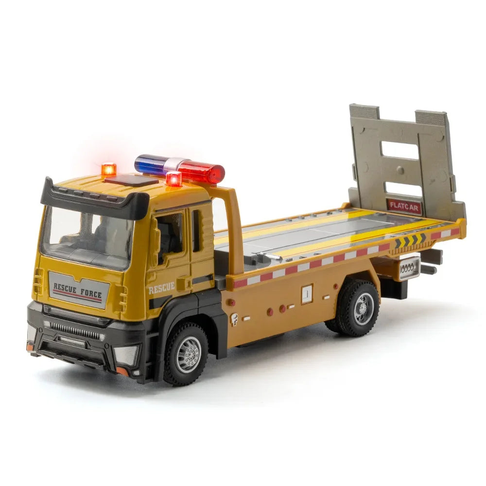 1:32 Engineering Flatbed Trailer Miniature Car Model Toy Diecast Alloy Vehicles Pull Back Sound Light Model Boy's Christmas Gift