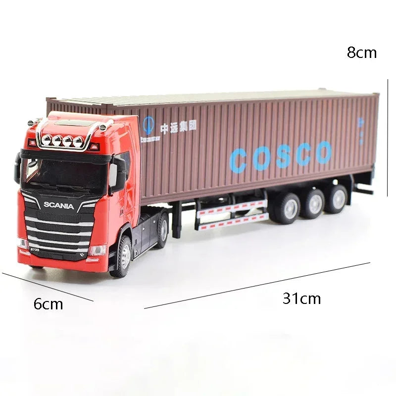 1:50 SCANIA Diecast Metal Model Toy Container truck Pull Back With Sound & Light Trailer Car Toys Xmas Gifts