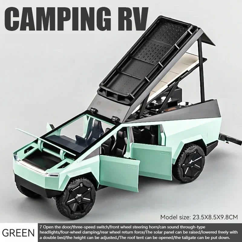 1:24 Tesla Cybertruck Camping RV Alloy Diecast Car Model Sound & Light Adult Display Collectibles Birthday Gifts Holiday Present