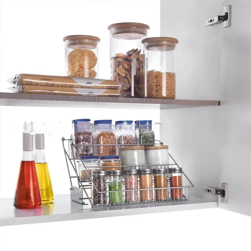 3-Tier Pull-Down Cabinet Spice Rack Metal Kitchen Organizer Shelf Space-Saving Storage Stand for Spices and Pantry Items