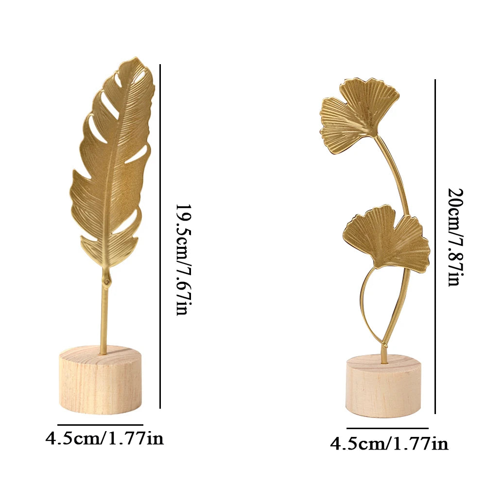 Golden Ginkgo Leaf Miniature Figurines Wooden Statue For Living Room Table Office Home Decoration Accessories Nordic Ornament