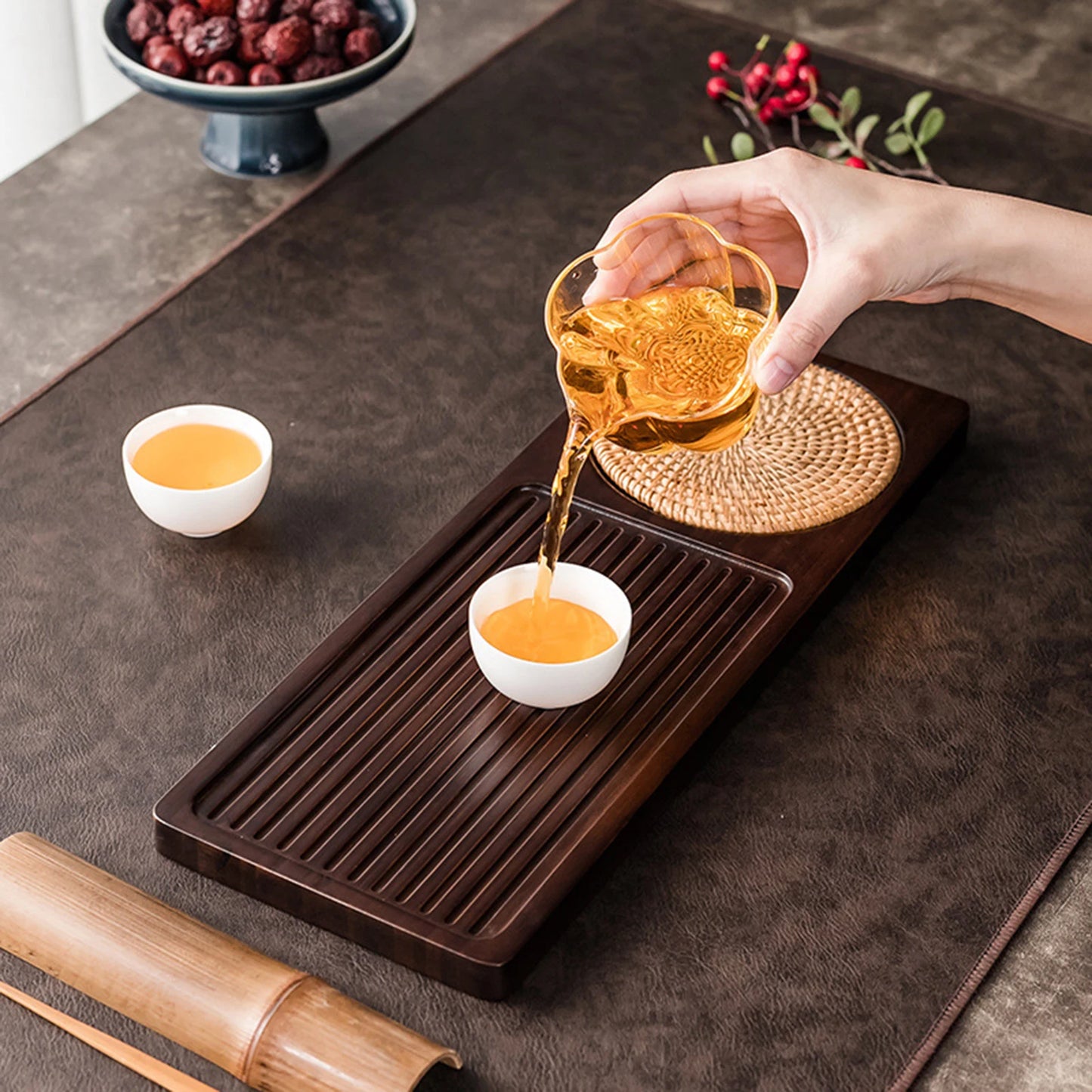 Chinese Traditional Bamboo Tea Tray with Water Storage Box Vintage Rustic Style Chinese Tea Serving Tray For Home Offiice