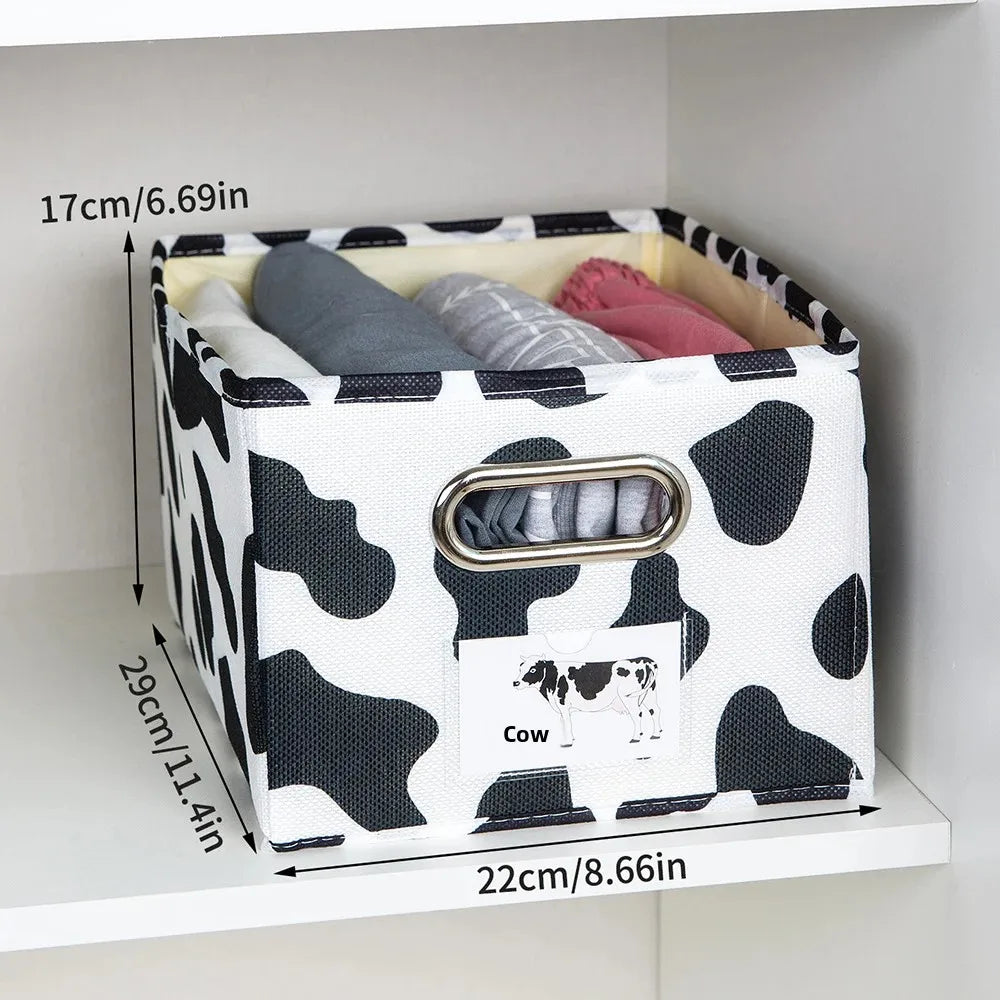 1PC Cotton and linen uncovered drawer style storage box, black and white cow printed clothing storage box