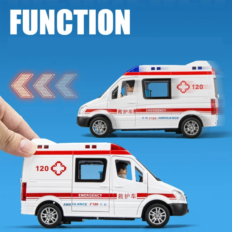 1:24 Alloy Ambulance Model Simulation Pull-back Sound and Light Die-cast Alloy Car Toy Set Children's Birthday Gift