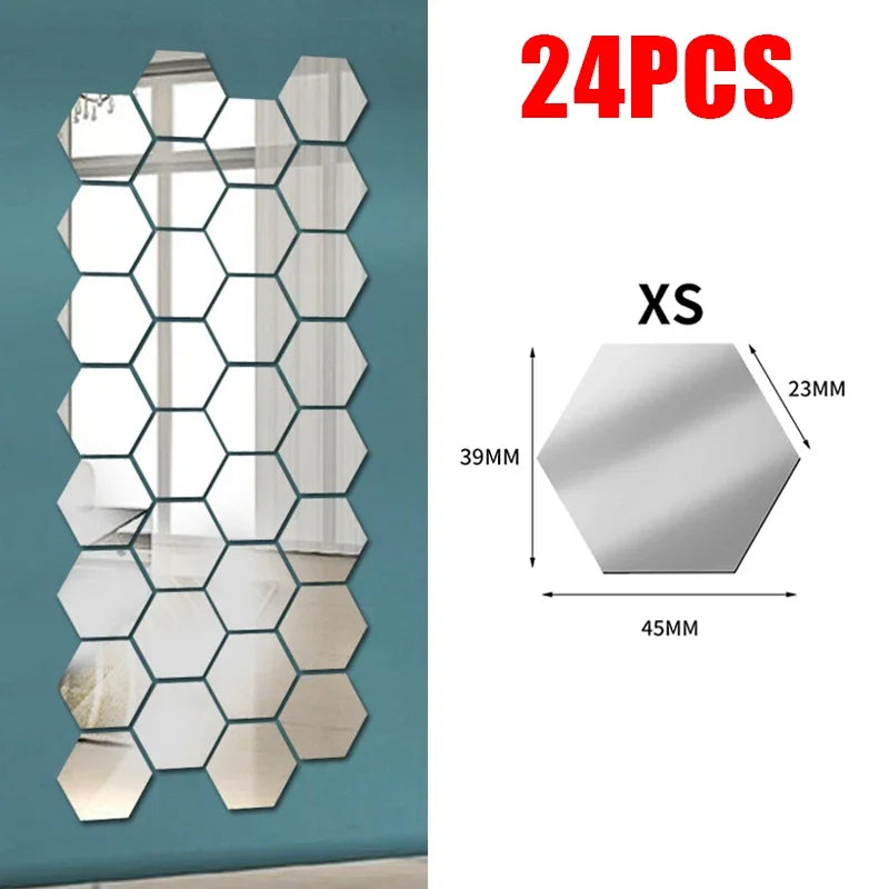 24/6pcs 3D Mirror Wall Sticker Hexagon Acrylic Self Adhesive Mirror Stickers Art Wall Decals Mosaic Tiles DIY Home Bedroom Decor