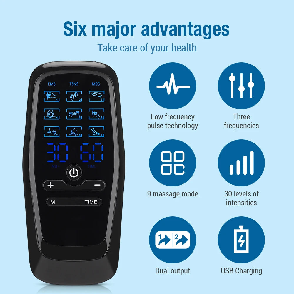 Electric Muscle Stimulator 9 Modes 30 Gears Dual Pulse Dual Output Physiotherapy Instrument Portable Digital Meridian Massager