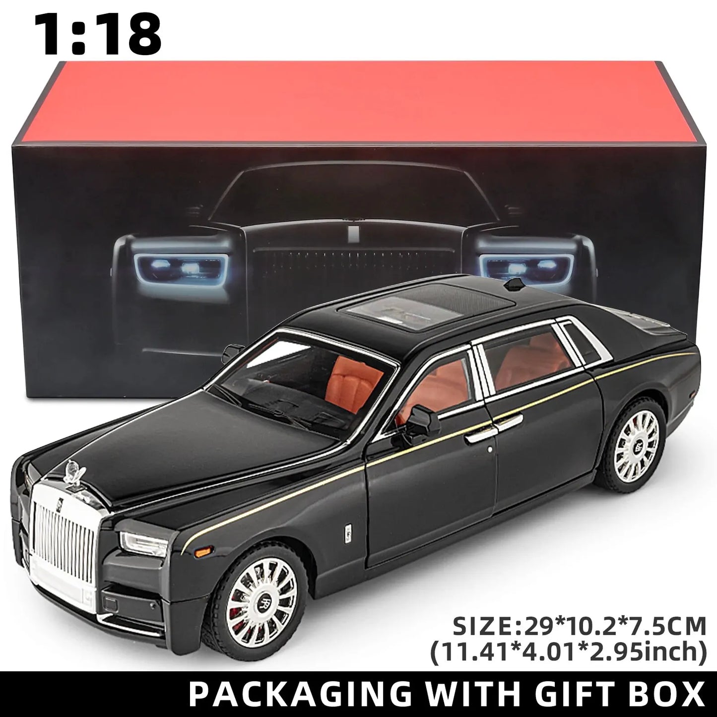 1:18 Rolls-Royce Phantom Model Car, Zinc Alloy Pull Back Toy Diecast Car with Sound and Light, Realistic Modeling Model Toy