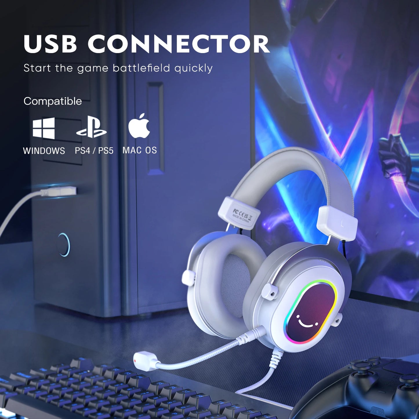 FIFINE RGB Gaming Headset with 7.1 Surround Sound/3-EQ/MIC,Over-ear Headphone with In-line Control for PC PS4 PS5 Ampligame-H6W