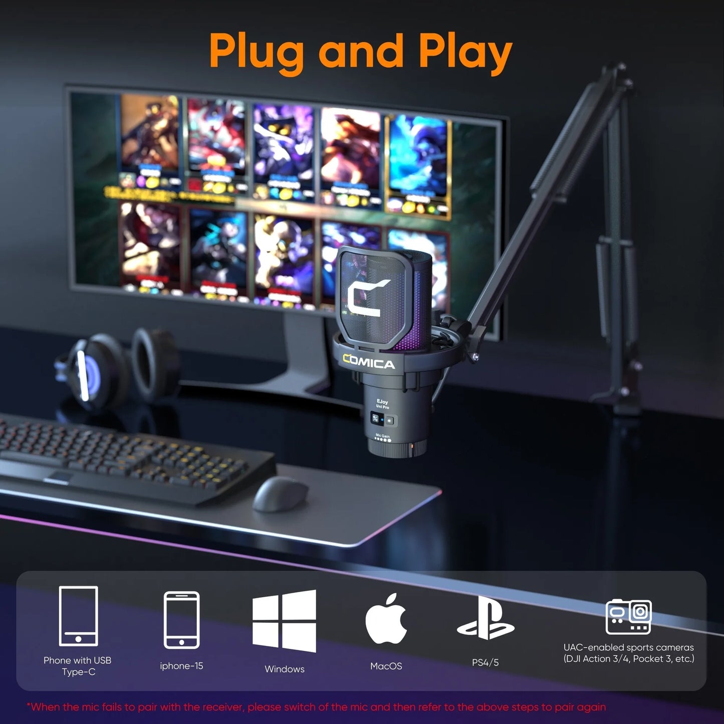 Comica Ejoy Uni Pro wireless gaming microphone for streaming,recording, podcast, youtube. Compatible with Mac OS, PS4/ 5