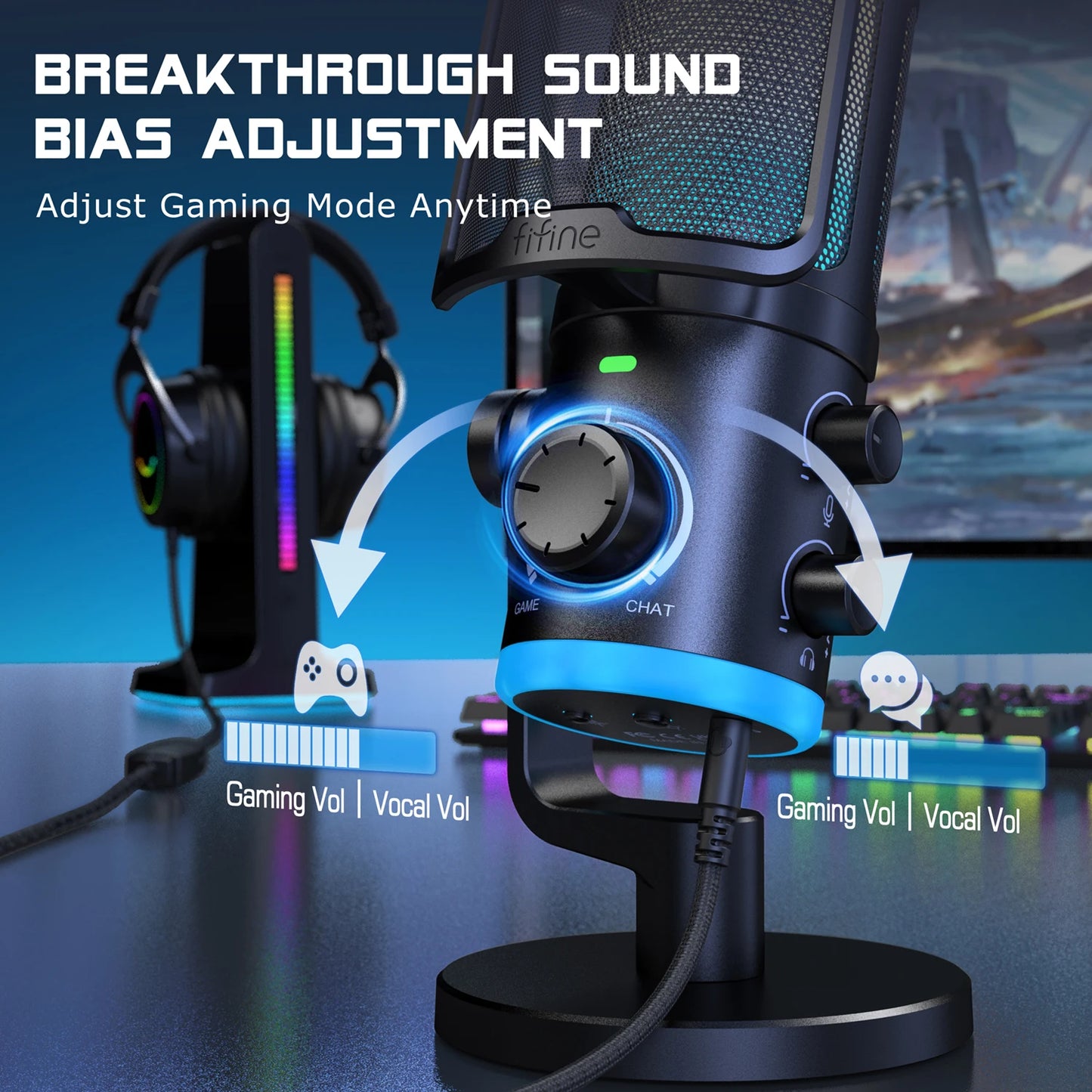 FIFINE USB Gaming Microphone with Noise Cancellation/RGB/Gain&Balance Knob,Condenser Mic for Streaming Podcasting-Ampligame AM6