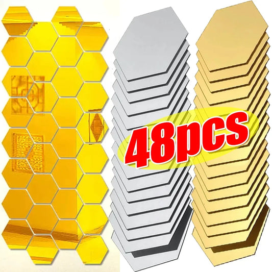 6/48Pcs Hexagonal Acrylic Mirror Wall Stickers Mirror Solid Paster Self-adhesive Gold Silver Decals Home Bedroom Art Decoration