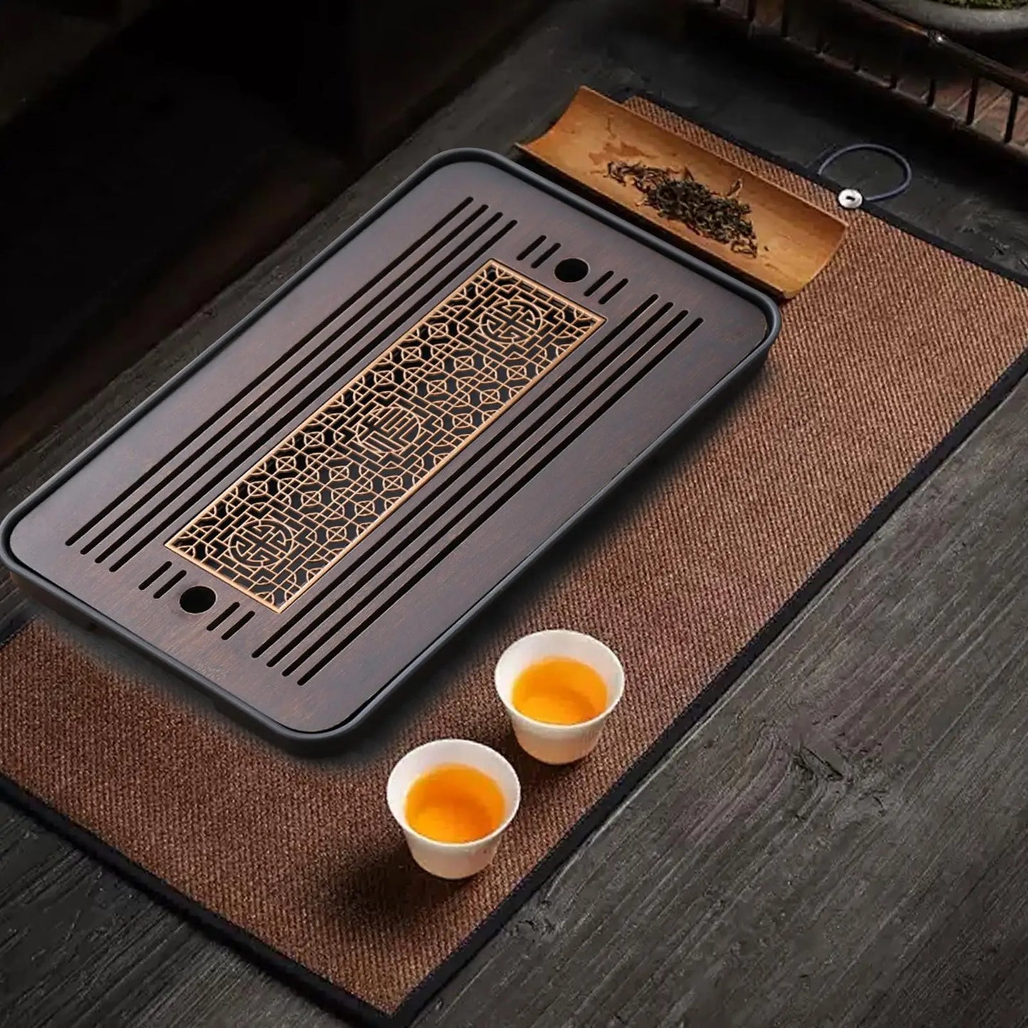 Chinese Traditional Bamboo Tea Tray with Water Storage Box Vintage Rustic Style Chinese Tea Serving Tray For Home Offiice