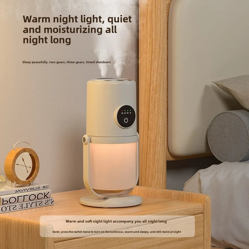 Rotating dual nozzle humidifier, battery powered portable mini night light, heavy fog water replenishment humidifier