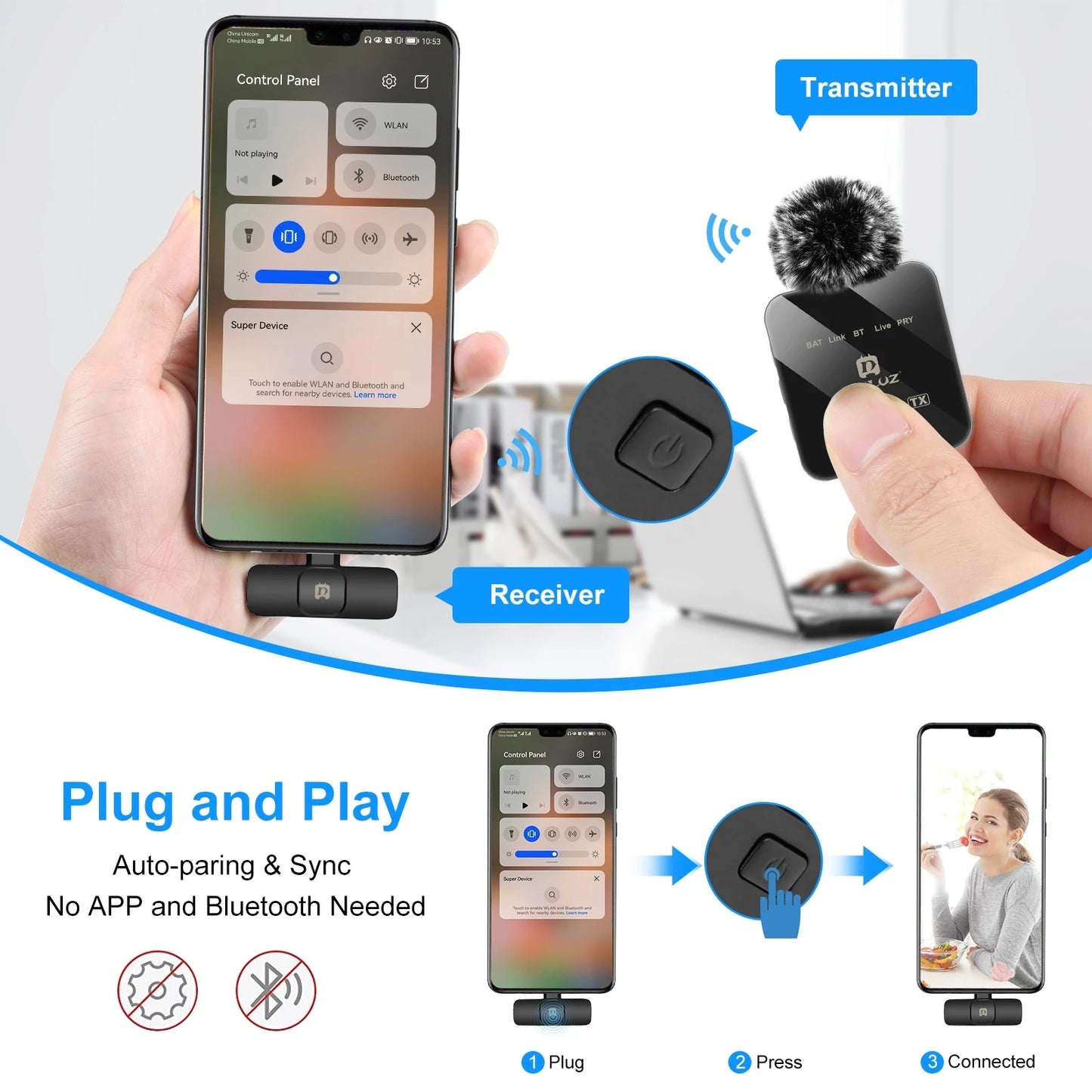 PULUZ 2.4G Wireless Lavalier Microphone Live Broadcast Gaming Microphone For iPhone Type-C Android Camera Audio Video ForYouTube