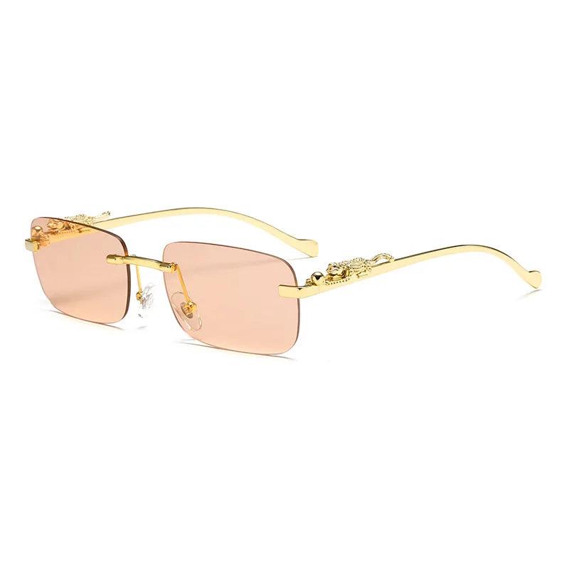 New Rimless Rectangle Vintage Metal Leopard Head Sunglasses Fashion Frameless Tinted Glasses Shades for Women Men