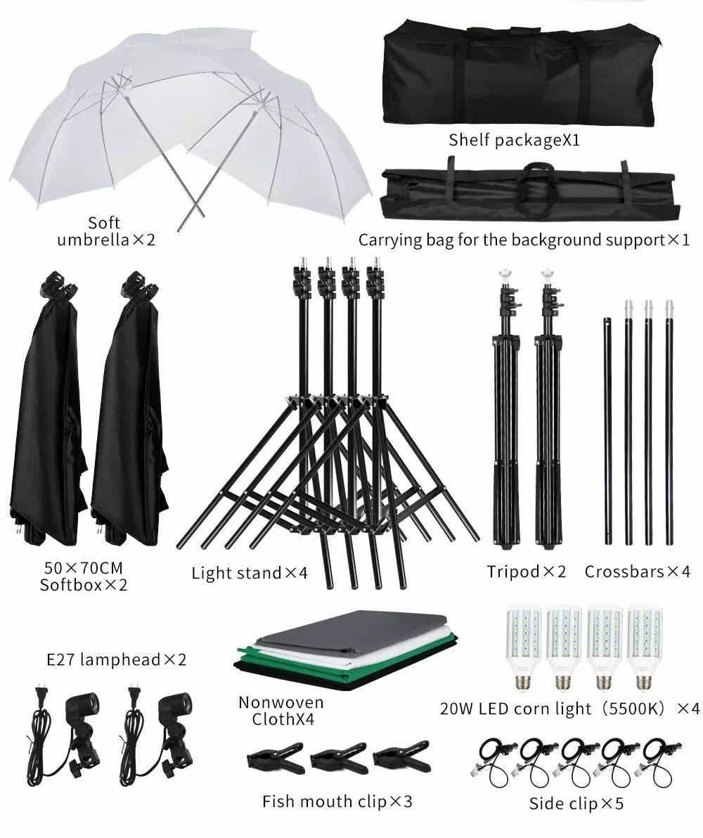 Photography Lighting Kit 2x3M Photo Background Backdrops Soft Umbrella Softbox Light Stand  Portable Bag For Photo Studio Shoot