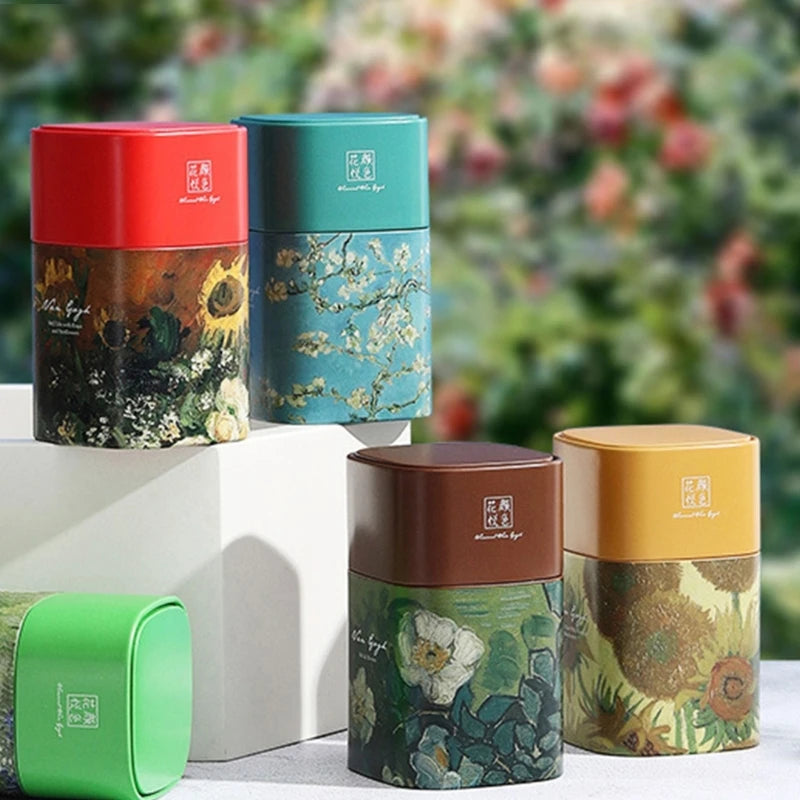 Elegant Tea Stash Jar Durable Metal Container for Herbs Storage Oil Painting Coffee Storage Container Metal Tea Box Dropshipping