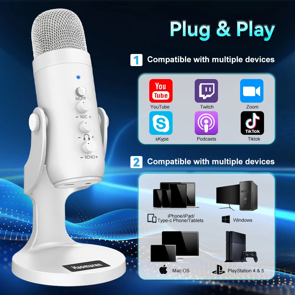 Haomuren Professional White USB Condenser Microphone Studio Recording Mic for PC Computer Phone Gaming Streaming Podcast Youtube