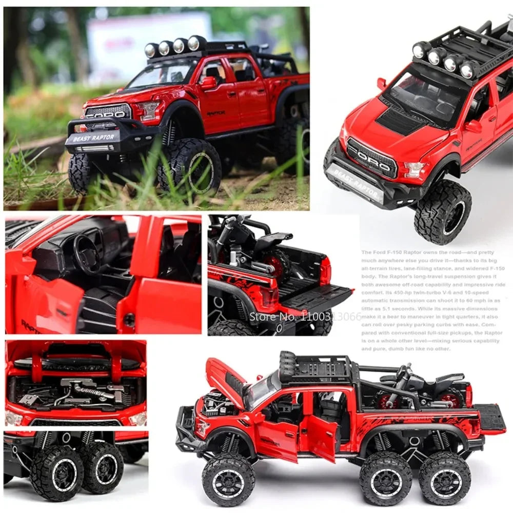 1:24 Ford Raptor F150 Model Toy Cars Alloy Diecast Off-Road Vehicles Sound Light Pull Back Doors Opened Pickup Trucks Kids Gifts