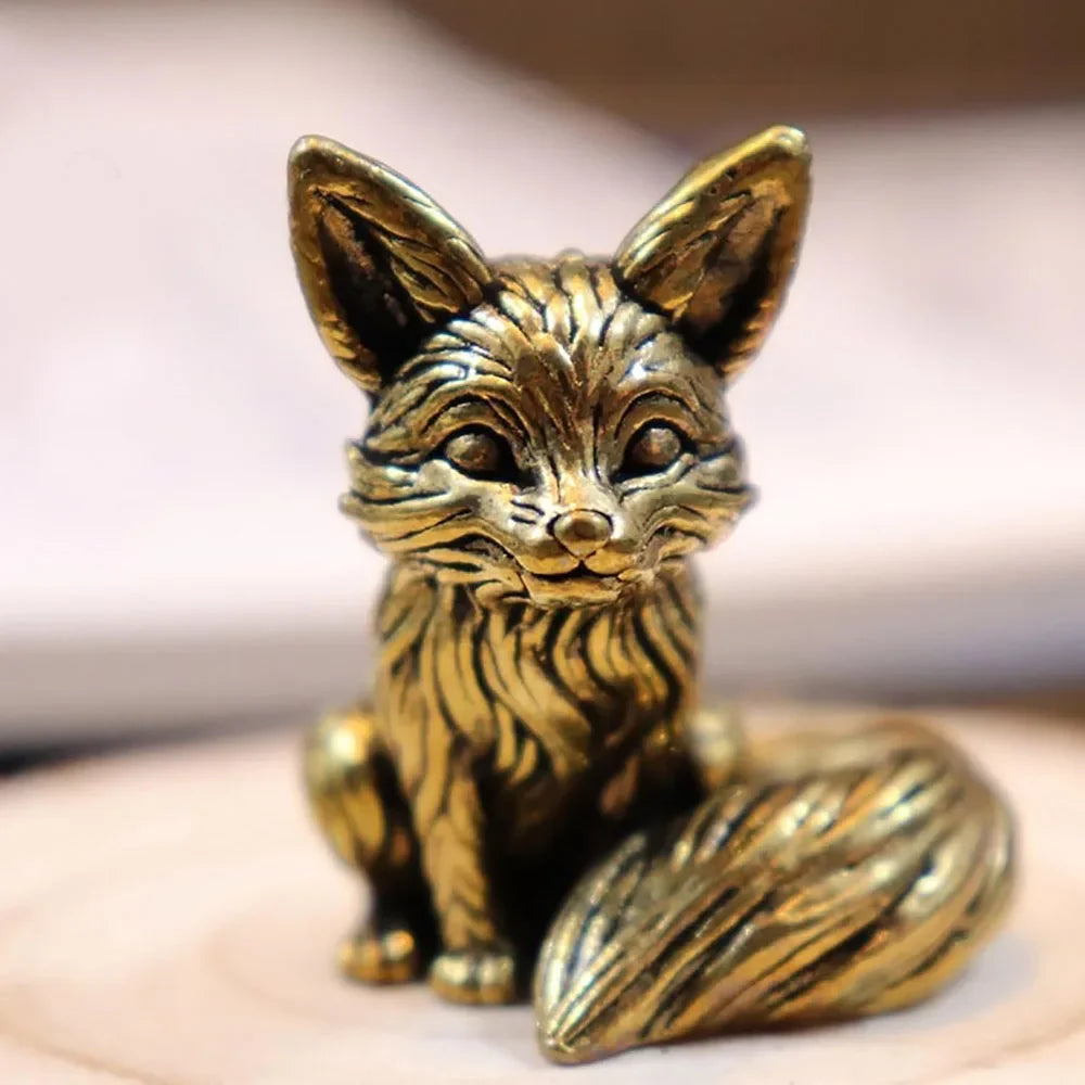 Brass Fox Statue Cute Fox Miniature Figurines Desk Ornament Decorations Accessories Copper Animal Sculpture Home Decor Crafts