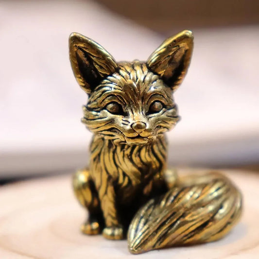 Brass Fox Statue Cute Fox Miniature Figurines Desk Ornament Decorations Accessories Copper Animal Sculpture Home Decor Crafts