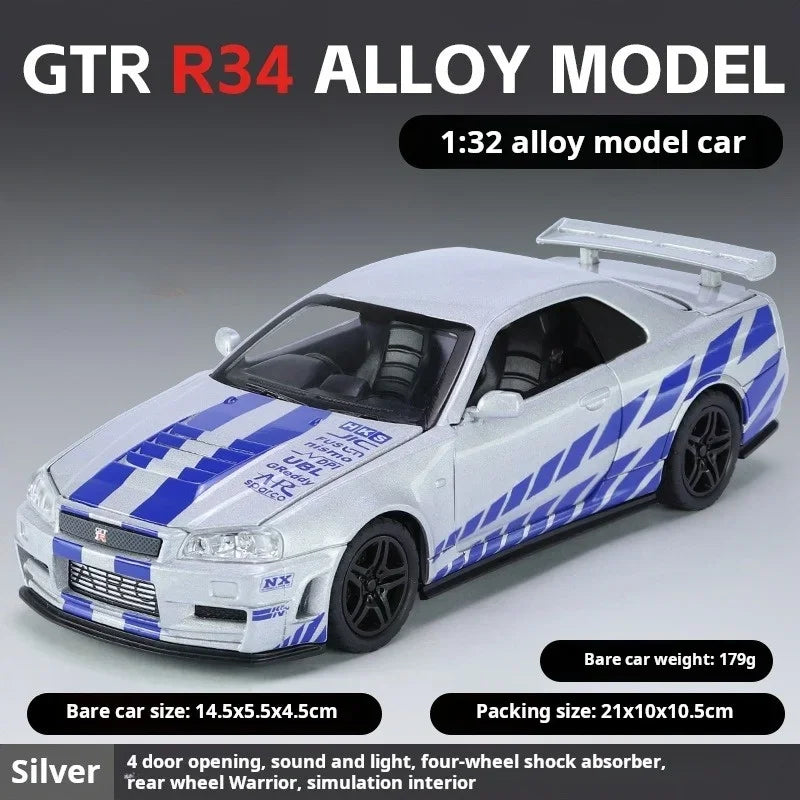 1/32 Nissan GTR34 Skyline GTR Toy Car Model Diecast Racing Miniature Model Sound & Light Pull Back Collection Gift Children Boy