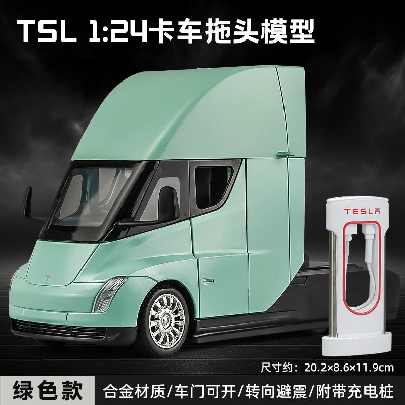 1:24 Tesla SEMI truck Head Trailer Model Metal Alloy Diecast Sound & Light Gift With Boys Collection Car Model Toy C325