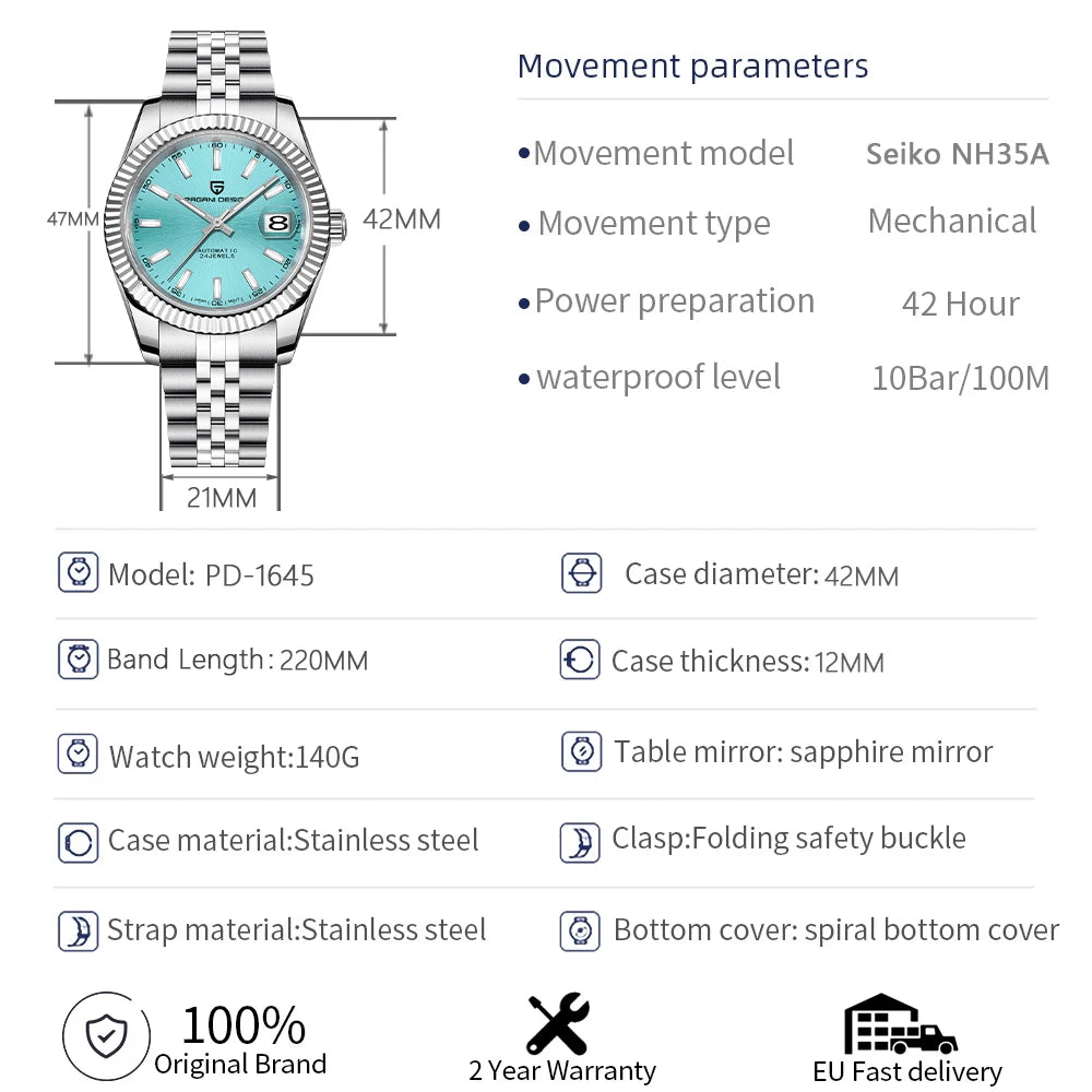 2023 New PAGANI DESIGN 42MM Men Mechanical Watches Commercial NH35 Automatic Watch 100M Waterproof Stainless Steel Watch for Men