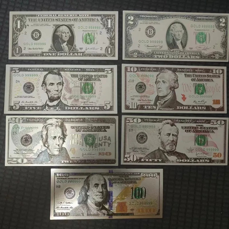 7pcs Silver Dollars Banknotes Plastic Commemorative Notes Dollar Bills Fake Money 1 2 5 10 20 50 100 Dollars