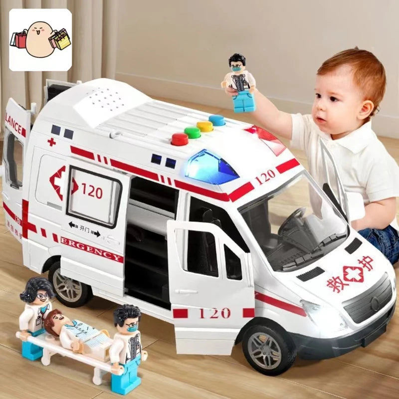 1:24 Alloy Ambulance Model Simulation Pull-back Sound and Light Die-cast Alloy Car Toy Set Children's Birthday Gift