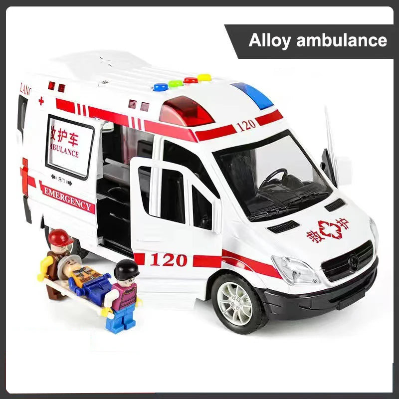 1:24 Alloy Ambulance Model Simulation Pull-back Sound and Light Die-cast Alloy Car Toy Set Children's Birthday Gift