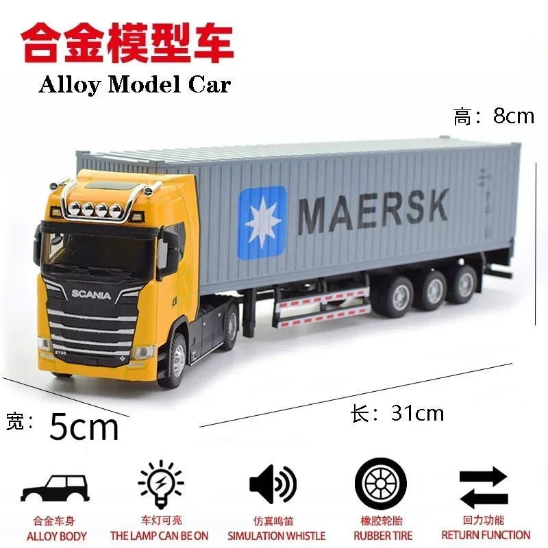 1:50 SCANIA Diecast Metal Model Toy Container truck Pull Back With Sound & Light Trailer Car Toys Xmas Gifts