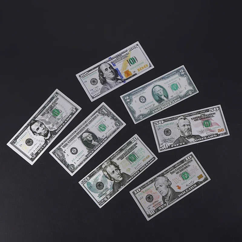 7pcs Silver Dollars Banknotes Plastic Commemorative Notes Dollar Bills Fake Money 1 2 5 10 20 50 100 Dollars