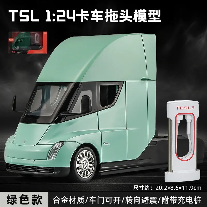 1:24 Tesla SEMI truck Head Trailer Model Metal Alloy Diecast Sound & Light Gift With Boys Collection Car Model Toy C325