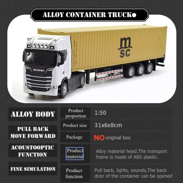 1:50 Simulation Alloy Diecast Large Truck Head Model Container Toy Pull Back Sound Light Engineering Transport Vehicle For Kids