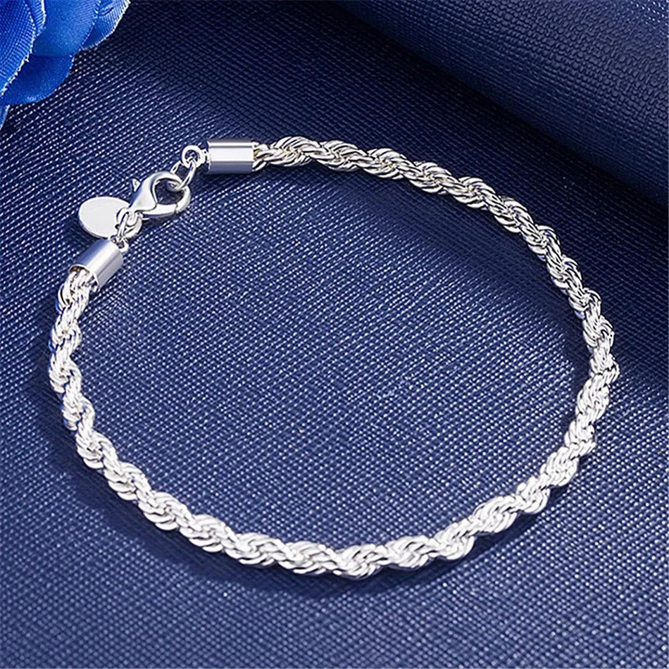 ALIZERO 925 Sterling Silver Unisex 4mm Rope Chain Bracelets for Men Women Twisted Links Chain Bracelet Simple Classic Jewelry