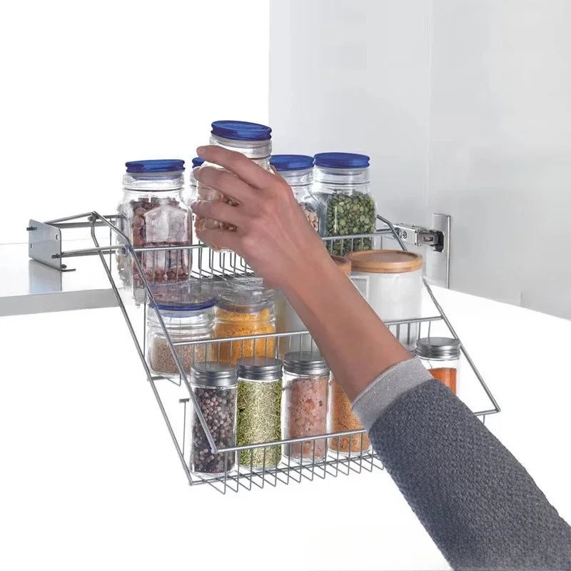 3-Tier Pull-Down Cabinet Spice Rack Metal Kitchen Organizer Shelf Space-Saving Storage Stand for Spices and Pantry Items