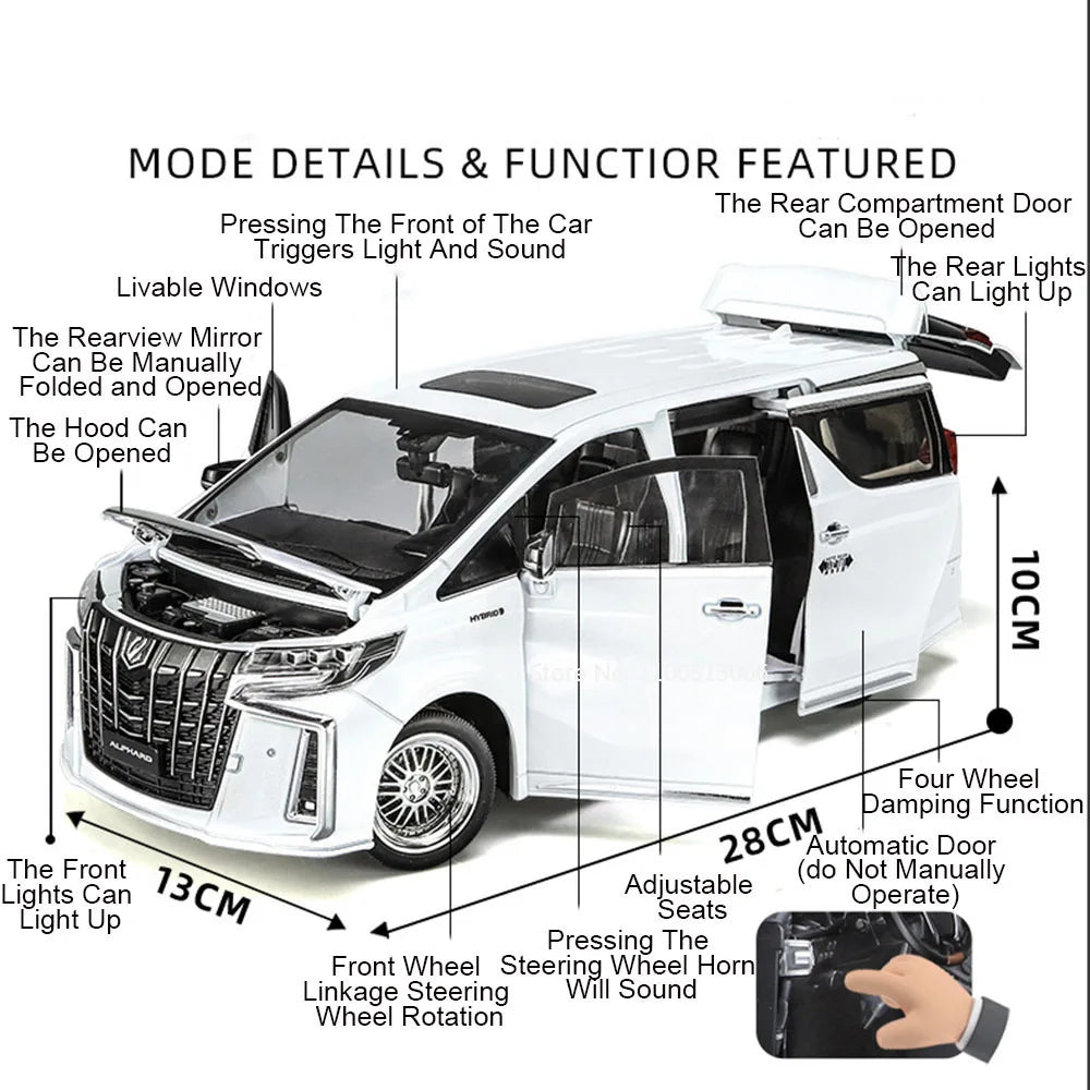 Big 1/18 Alphard Alloy Cars Model Toy Door Opened Simulation MPV Car Toys with Sound and Light Pull Back Vehicle for Boys Gifts