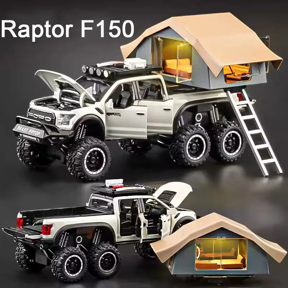 1/24 Scale Raptor F150 Alloy Cars Models Toys 6 Doors Opened Camping RV Diecast Model Light Sound Vehicle for Boys Birthday Gift